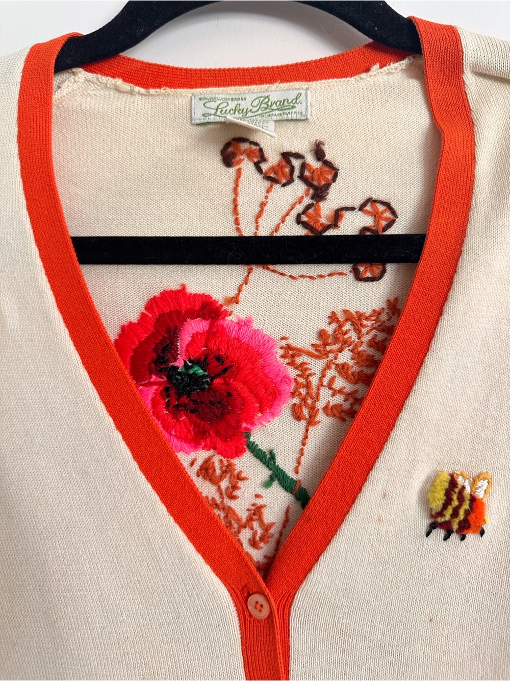 Vintage Lucky Brand Cream V-Neck Cardigan w/ Orange Trim & Floral Embroidery - Picture 11 of 16